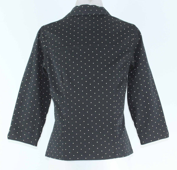 Susan Bristol Sz PS Black Tan Polka Dot Logo Button Cotton Lycra Shirt Jacket