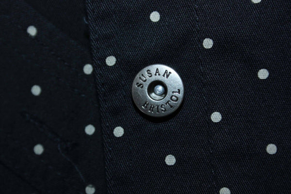 Susan Bristol Sz PS Black Tan Polka Dot Logo Button Cotton Lycra Shirt Jacket