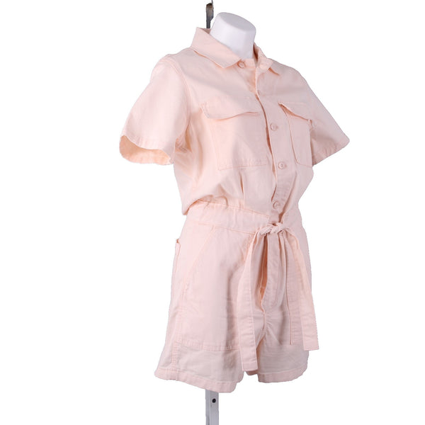 Levi Romper Sz S Light Pink Denim Pockets Button Down Belted Collared Romper