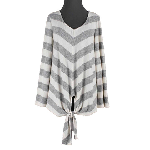 Fantastic Fawn Sz M Gray White Striped Tie Front V Neck Polyester Sweater