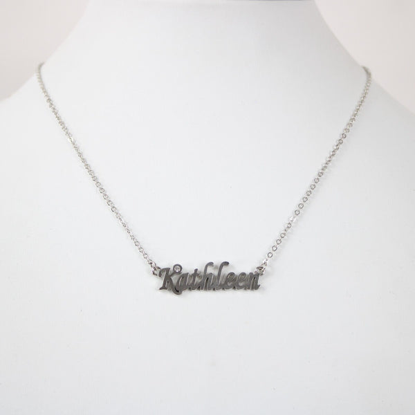 KATHLEEN Name Silvertone Rhinestone 14.5" w 4.5" Multi Ring Ext Necklace