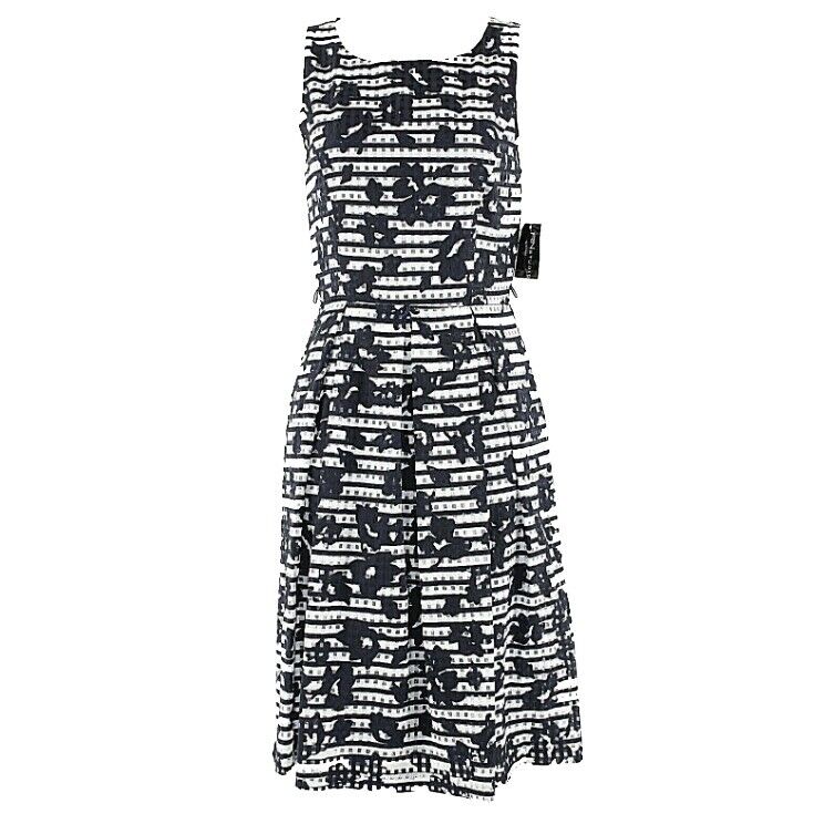 RN Studio NEW 6 Navy White Floral Horizontal Pleated Lined Dress