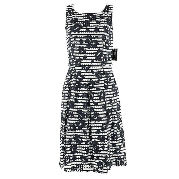 RN Studio NEW 6 Navy White Floral Horizontal Pleated Lined Dress