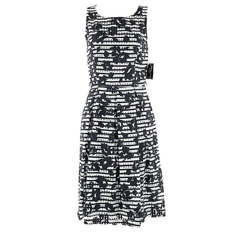 RN Studio NEW 6 Navy White Floral Horizontal Pleated Lined Dress