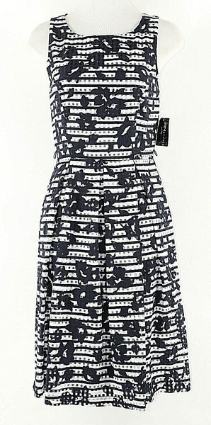 RN Studio NEW 6 Navy White Floral Horizontal Pleated Lined Dress