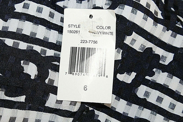 RN Studio NEW 6 Navy White Floral Horizontal Pleated Lined Dress