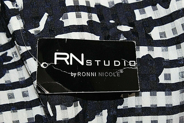 RN Studio NEW 6 Navy White Floral Horizontal Pleated Lined Dress