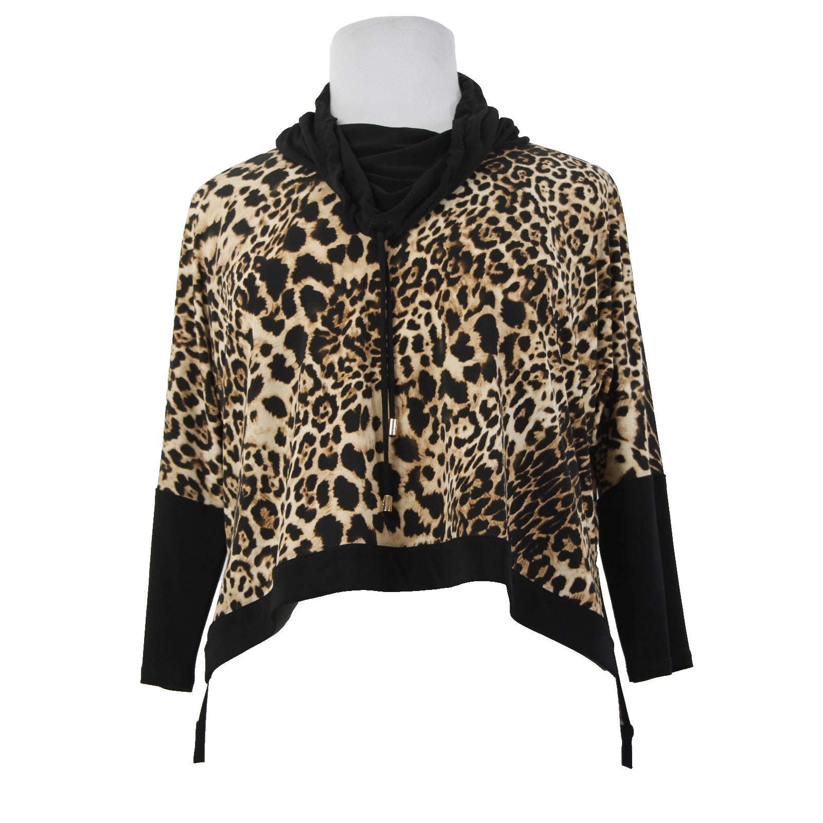 Joseph Ribkoff Top Sz 16 Black Brown Animal Prnt Drawstring Neck Hi Low Poly Top