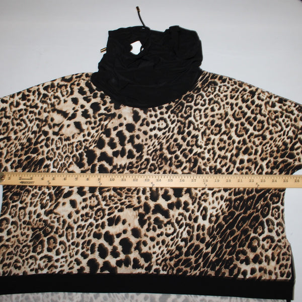 Joseph Ribkoff Top Sz 16 Black Brown Animal Prnt Drawstring Neck Hi Low Poly Top