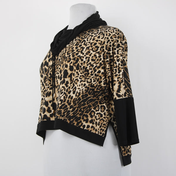 Joseph Ribkoff Top Sz 16 Black Brown Animal Prnt Drawstring Neck Hi Low Poly Top