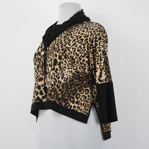 Joseph Ribkoff Top Sz 16 Black Brown Animal Prnt Drawstring Neck Hi Low Poly Top