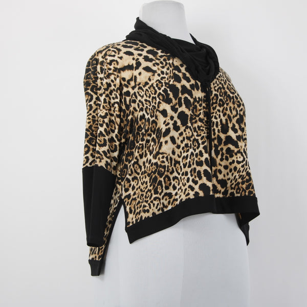 Joseph Ribkoff Top Sz 16 Black Brown Animal Prnt Drawstring Neck Hi Low Poly Top