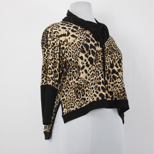 Joseph Ribkoff Top Sz 16 Black Brown Animal Prnt Drawstring Neck Hi Low Poly Top