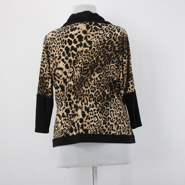 Joseph Ribkoff Top Sz 16 Black Brown Animal Prnt Drawstring Neck Hi Low Poly Top