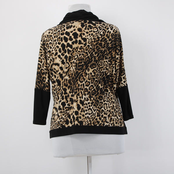Joseph Ribkoff Top Sz 16 Black Brown Animal Prnt Drawstring Neck Hi Low Poly Top