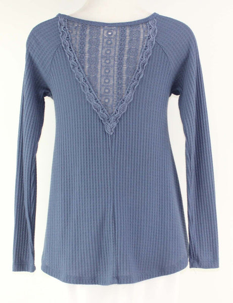 Mossimo Sz XS Blue LS Lace Back Poly Rayon Spandex Knit Top