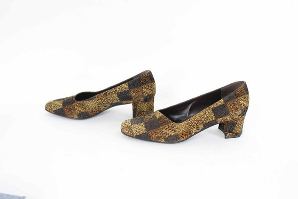 Baldan Sz 37 Gold Brown Multi Mid Heel Suede Leather Pumps 878B