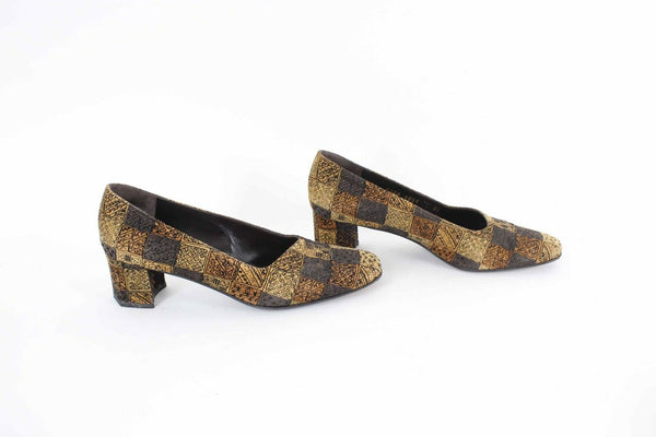 Baldan Sz 37 Gold Brown Multi Mid Heel Suede Leather Pumps 878B