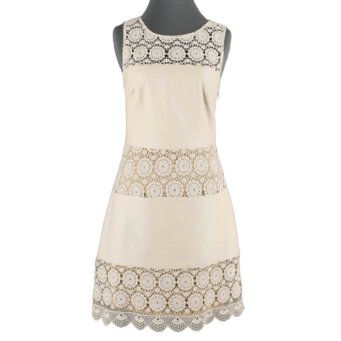 Bailey 44 Sz M Tan Lined Lace Inserts Rayon Blend Cotton Polyester Leather Dress