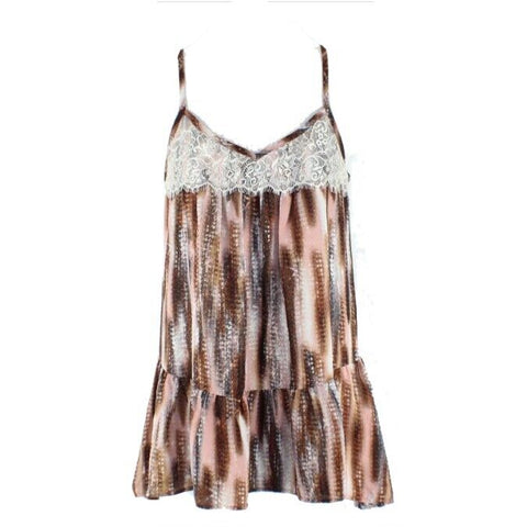 Lily White Sz XS Brown Pink Cream Lace Trim Ruffle Hem Poly Crepe Boho Top