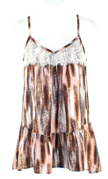 Lily White Sz XS Brown Pink Cream Lace Trim Ruffle Hem Poly Crepe Boho Top