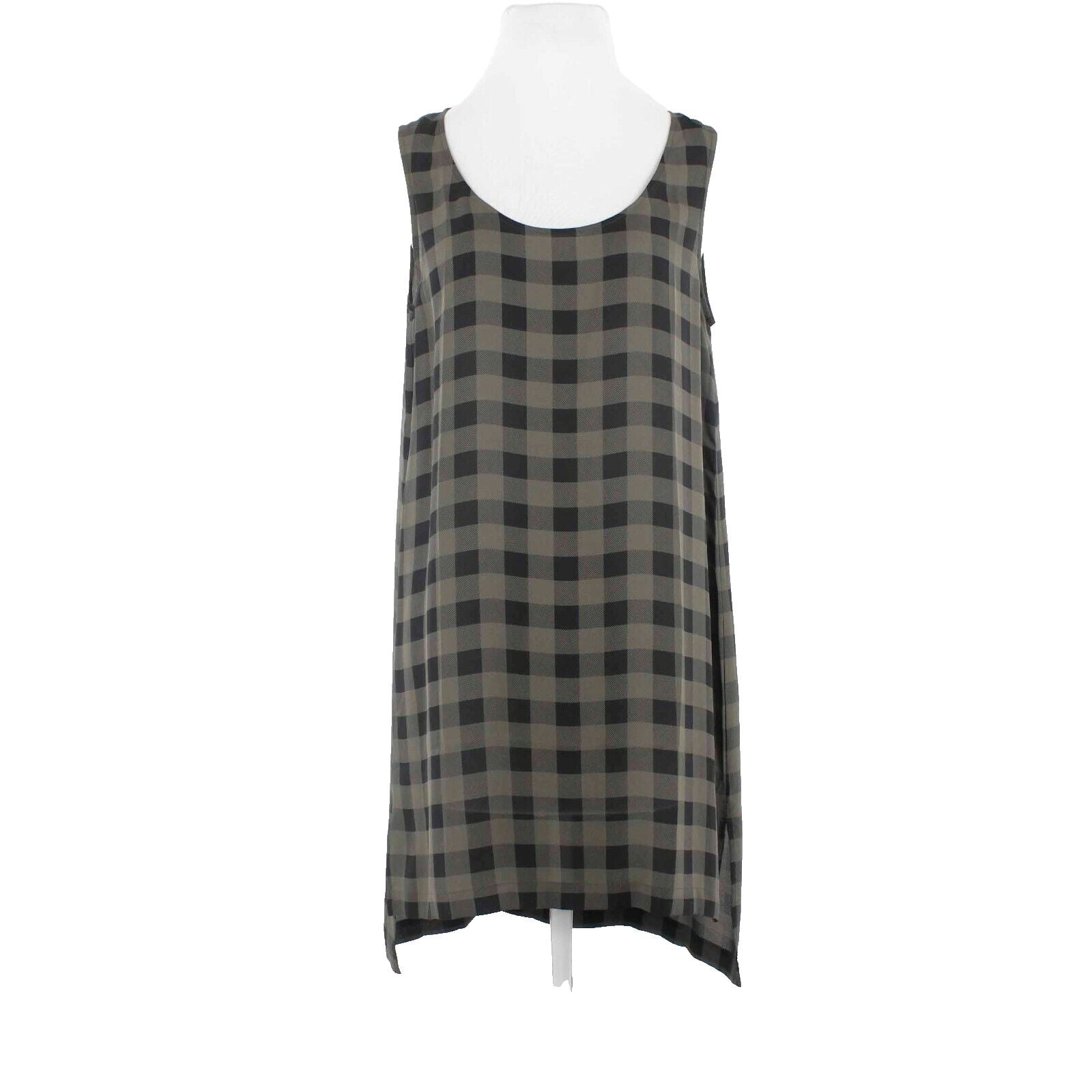Eileen Fisher Sz S Olive Black Checks Hi Lo Split Sides 100% Silk Dress