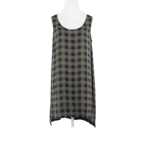 Eileen Fisher Sz S Olive Black Checks Hi Lo Split Sides 100% Silk Dress