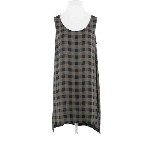 Eileen Fisher Sz S Olive Black Checks Hi Lo Split Sides 100% Silk Dress