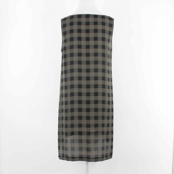 Eileen Fisher Sz S Olive Black Checks Hi Lo Split Sides 100% Silk Dress