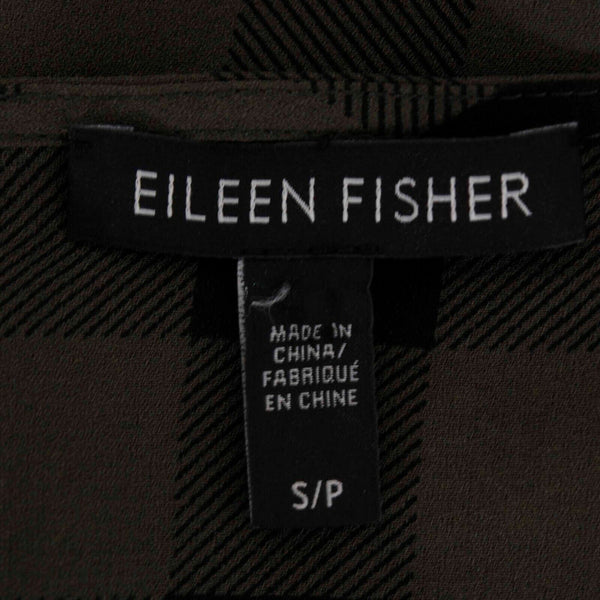 Eileen Fisher Sz S Olive Black Checks Hi Lo Split Sides 100% Silk Dress