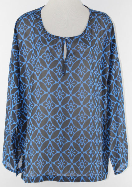 Old Navy Sz L Black Royal Blue 100% Polyester Sheer Chiffon Blouse Top