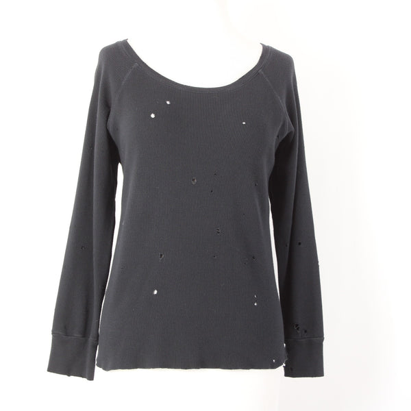 LNA Sz M Black Thermal Textured Distressed 3/4 Sleeve Cotton Blend Crew Neck Top