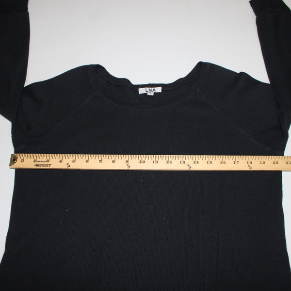 LNA Sz M Black Thermal Textured Distressed 3/4 Sleeve Cotton Blend Crew Neck Top