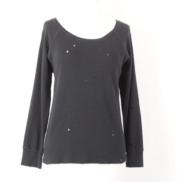 LNA Sz M Black Thermal Textured Distressed 3/4 Sleeve Cotton Blend Crew Neck Top