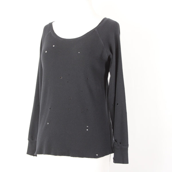 LNA Sz M Black Thermal Textured Distressed 3/4 Sleeve Cotton Blend Crew Neck Top