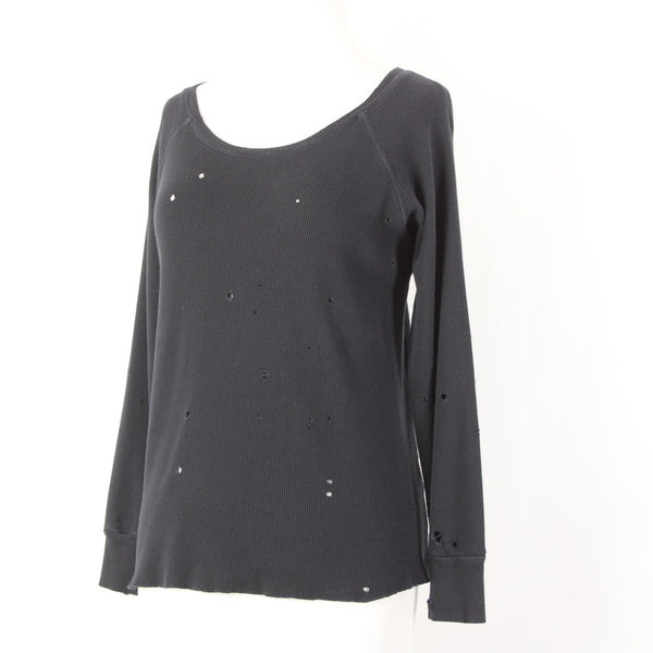 LNA Sz M Black Thermal Textured Distressed 3/4 Sleeve Cotton Blend Crew Neck Top