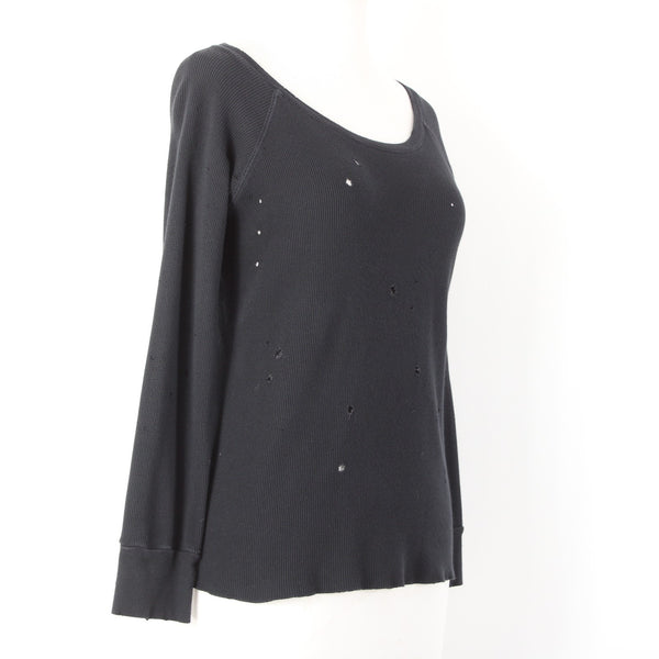 LNA Sz M Black Thermal Textured Distressed 3/4 Sleeve Cotton Blend Crew Neck Top