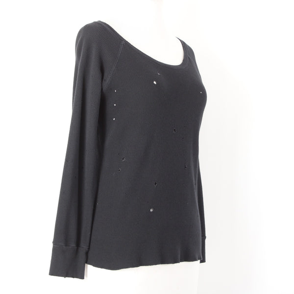 LNA Sz M Black Thermal Textured Distressed 3/4 Sleeve Cotton Blend Crew Neck Top