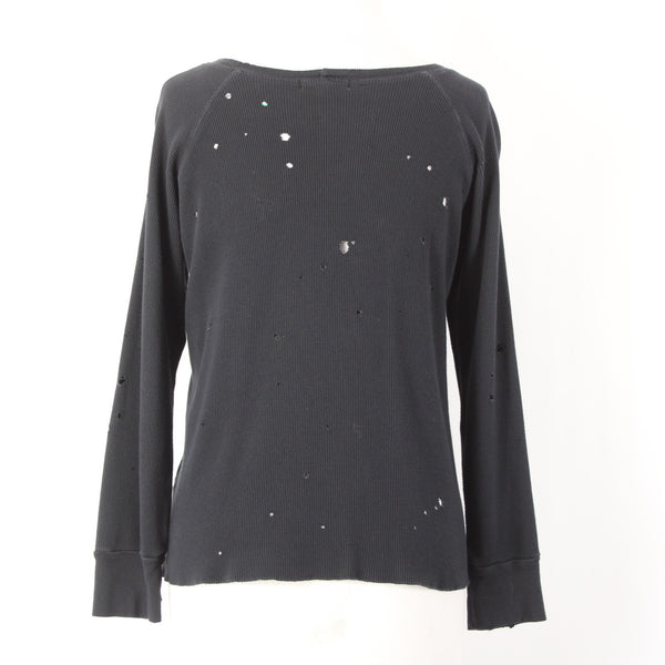 LNA Sz M Black Thermal Textured Distressed 3/4 Sleeve Cotton Blend Crew Neck Top