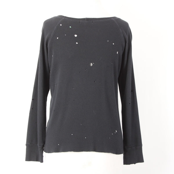 LNA Sz M Black Thermal Textured Distressed 3/4 Sleeve Cotton Blend Crew Neck Top