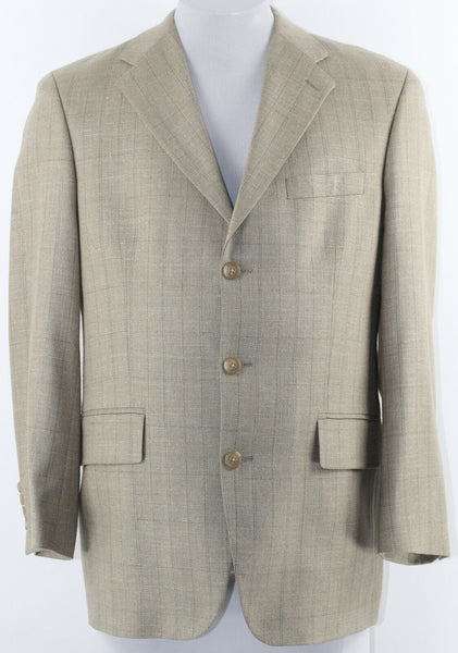 Ralph Lauren Chaps Sz 40R Tan Olive Plaid Pleated Silk Blend Blazer Jacket