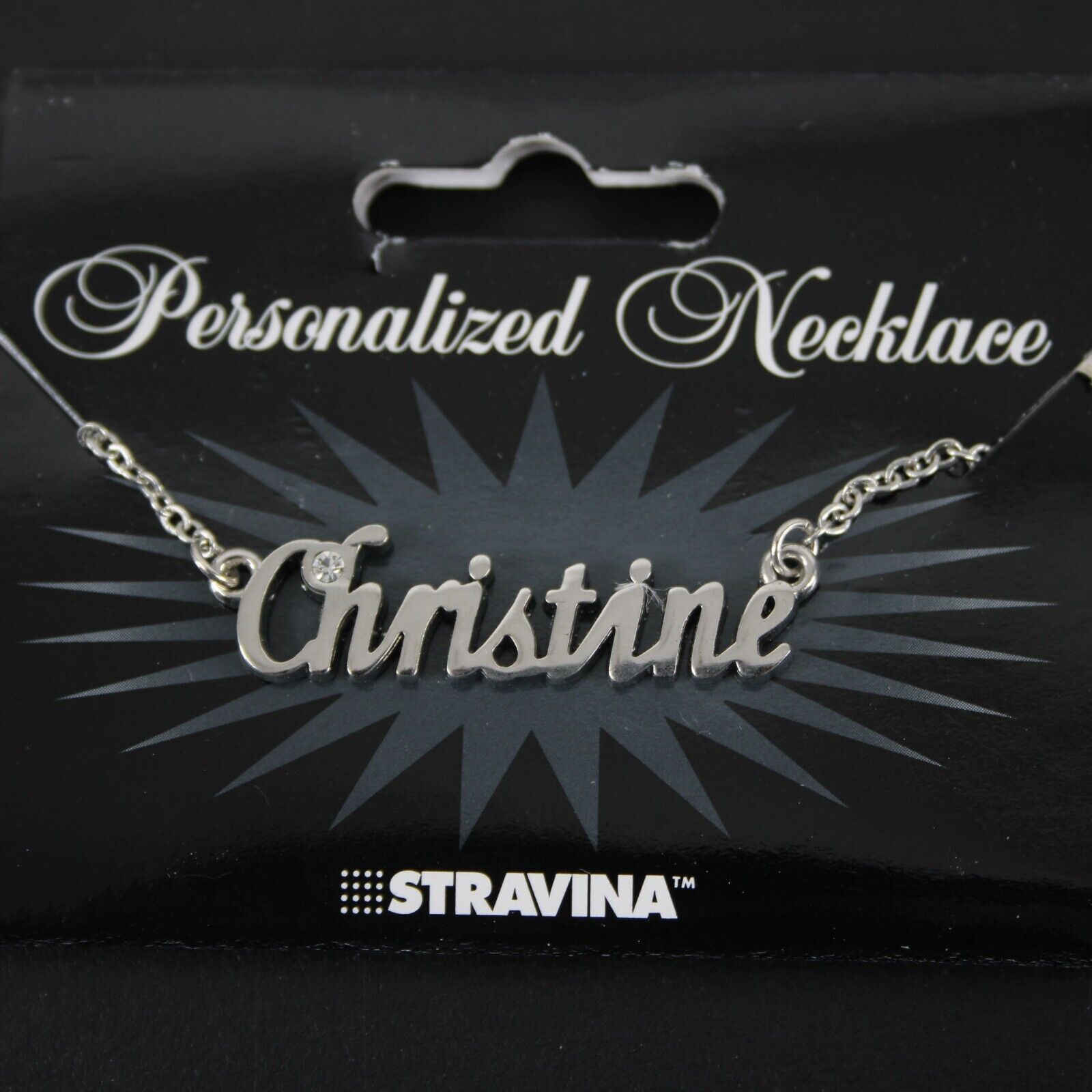 CHRISTINE Name Silvertone Rhinestone 14.5" w 4.5" Multi Ring Ext Necklace