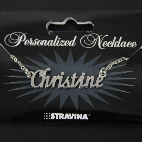 CHRISTINE Name Silvertone Rhinestone 14.5" w 4.5" Multi Ring Ext Necklace