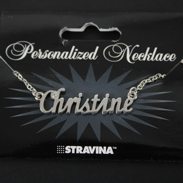 CHRISTINE Name Silvertone Rhinestone 14.5" w 4.5" Multi Ring Ext Necklace