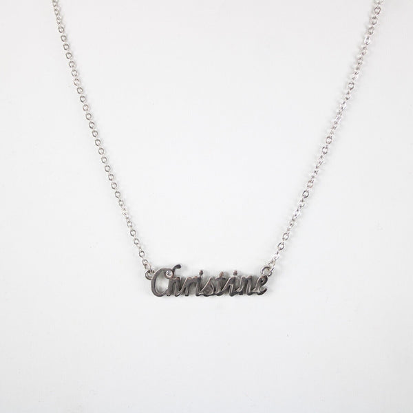 CHRISTINE Name Silvertone Rhinestone 14.5" w 4.5" Multi Ring Ext Necklace