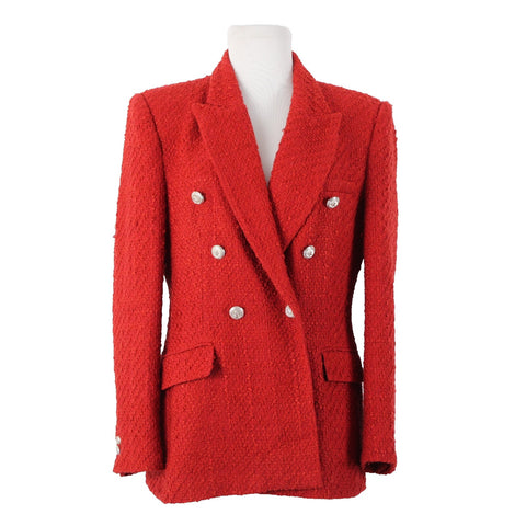 Zara NEW $90 Sz L Red Silver Faux Pockets Double Breasted Poly Acetate Jacket