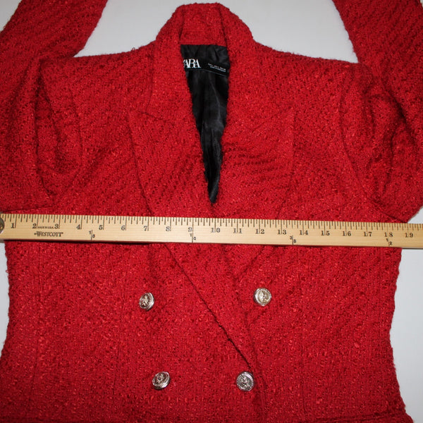 Zara NEW $90 Sz L Red Silver Faux Pockets Double Breasted Poly Acetate Jacket