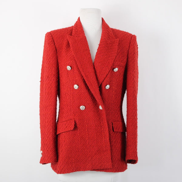 Zara NEW $90 Sz L Red Silver Faux Pockets Double Breasted Poly Acetate Jacket