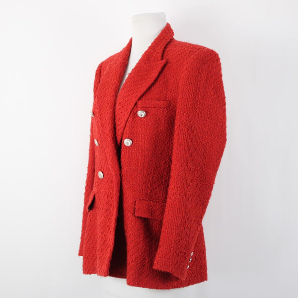 Zara NEW $90 Sz L Red Silver Faux Pockets Double Breasted Poly Acetate Jacket