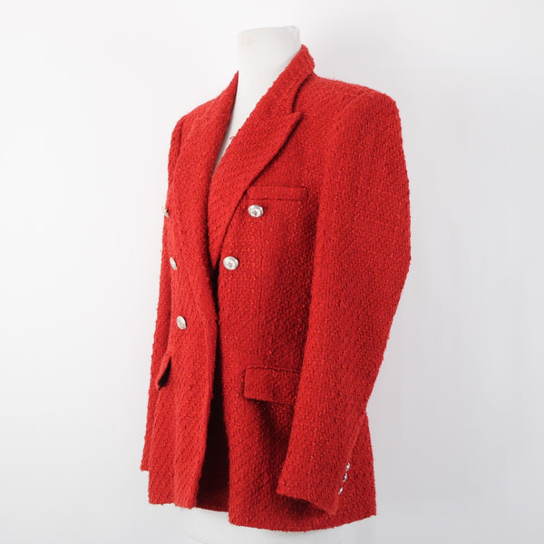 Zara NEW $90 Sz L Red Silver Faux Pockets Double Breasted Poly Acetate Jacket